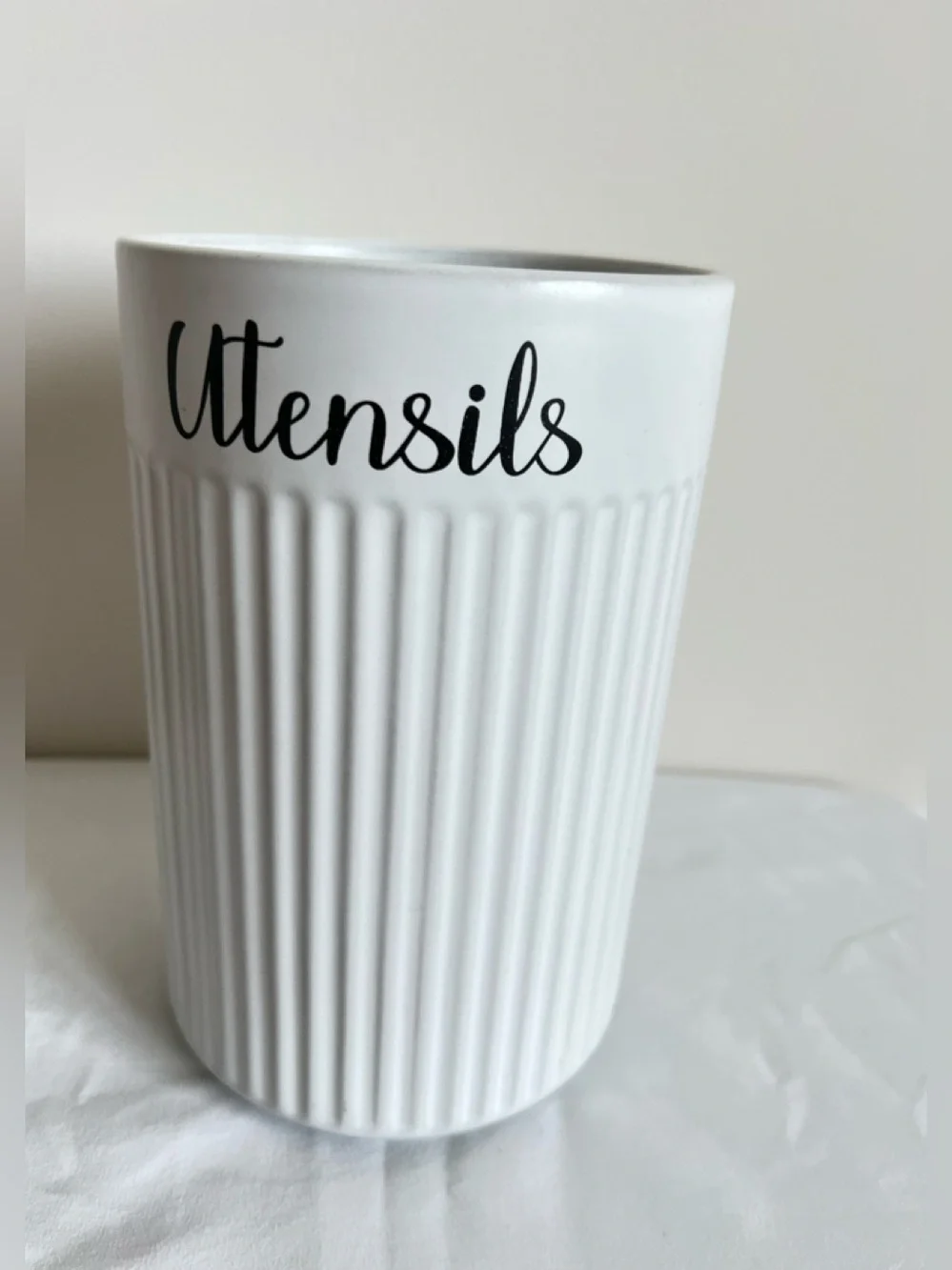 White Ribbed Ceramic Utensil Holder Crock - Farmhouse Decor